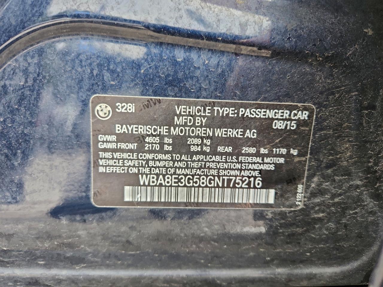 2016 BMW 328 Xi Sulev VIN: WBA8E3G58GNT75216 Lot: 93938345