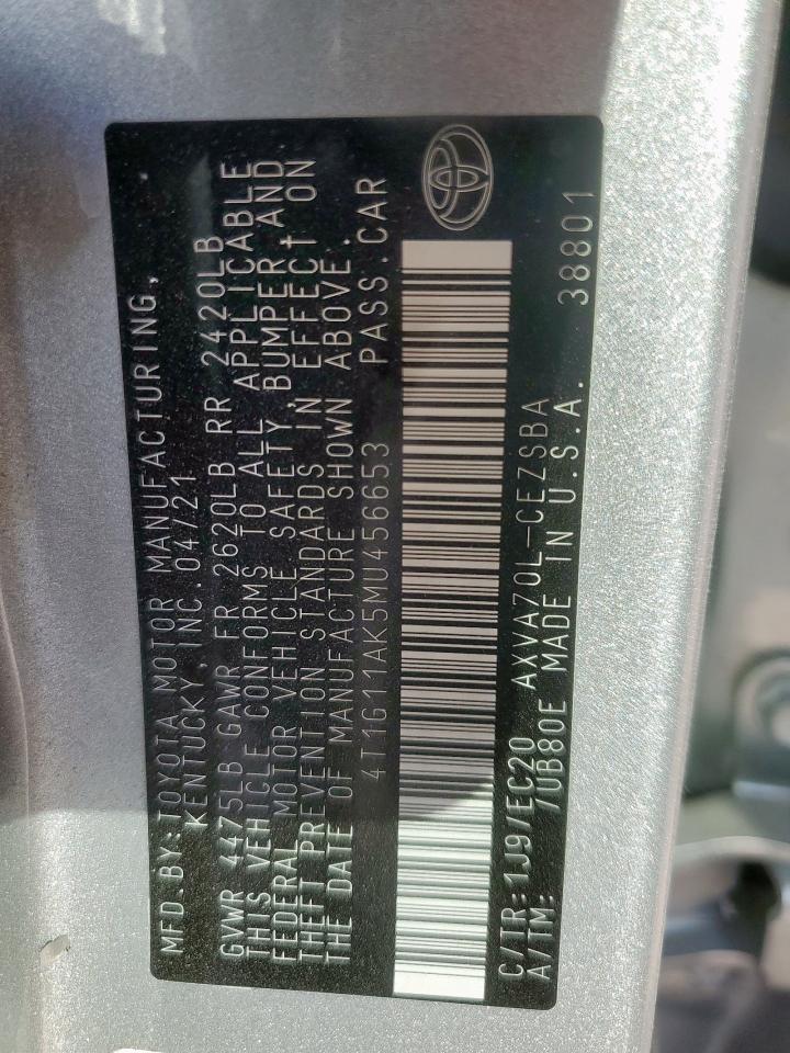 2021 Toyota Camry Se VIN: 4T1G11AK5MU456653 Lot: 92716885