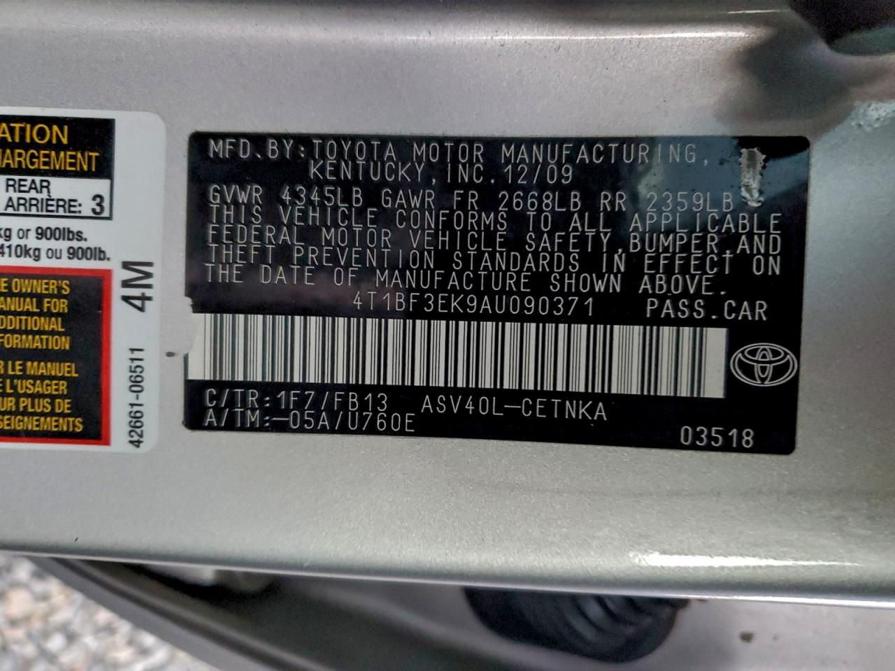 2010 Toyota Camry Base VIN: 4T1BF3EK9AU090371 Lot: 94366695