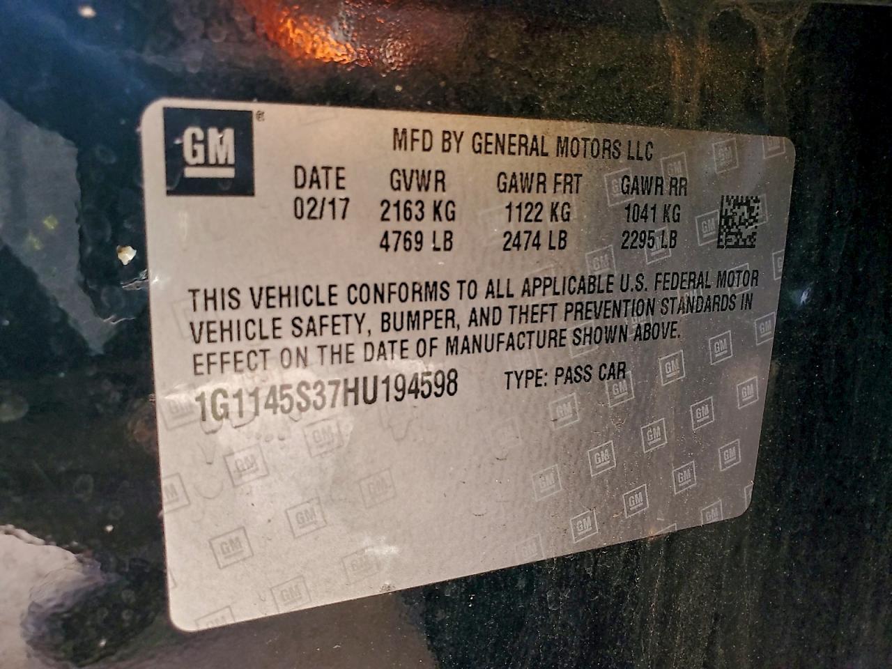 2017 Chevrolet Impala Premier VIN: 1G1145S37HU194598 Lot: 94437995