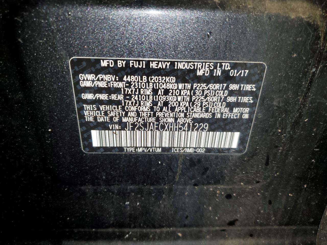 2017 Subaru Forester 2.5I Premium VIN: JF2SJAECXHH541229 Lot: 91437235