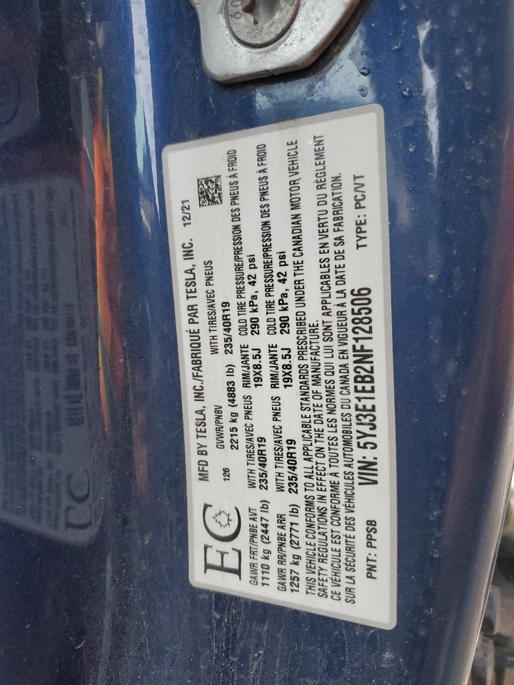 2022 Tesla Model 3 VIN: 5YJ3E1EB2NF128506 Lot: 92013195