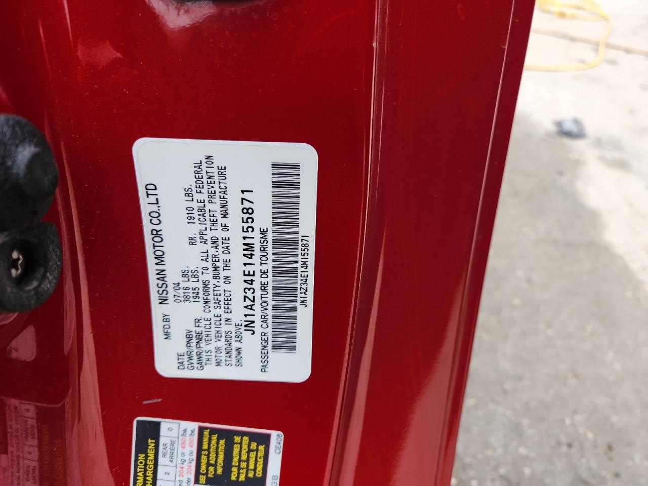 2004 Nissan 350Z Coupe VIN: JN1AZ34E14M155871 Lot: 90392585