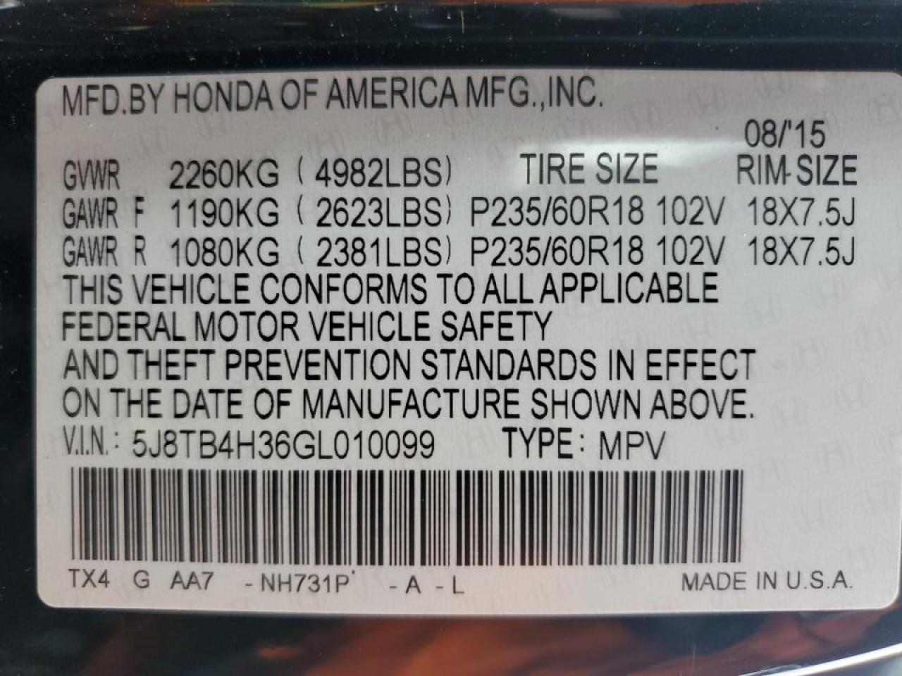 2016 Acura Rdx VIN: 5J8TB4H36GL010099 Lot: 91081515