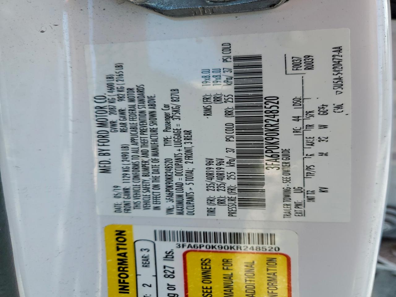 2019 Ford Fusion Titanium VIN: 3FA6P0K90KR248520 Lot: 93346325