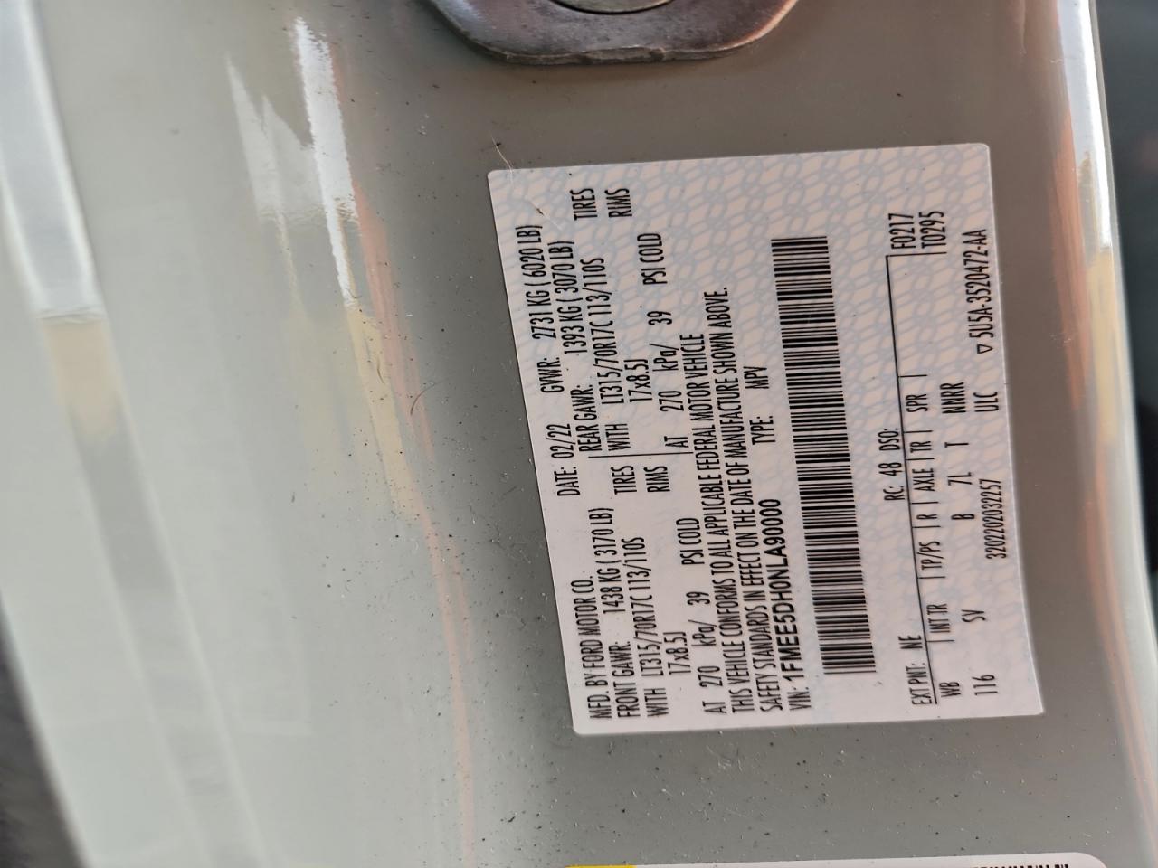 2022 Ford Bronco Base VIN: 1FMEE5DH0NLA90000 Lot: 93963225