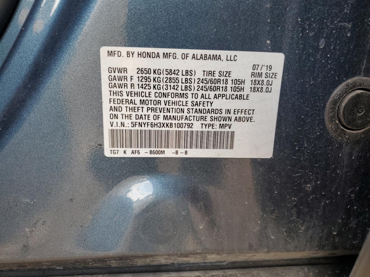 2019 Honda Pilot Ex VIN: 5FNYF6H3XKB100792 Lot: 91592975