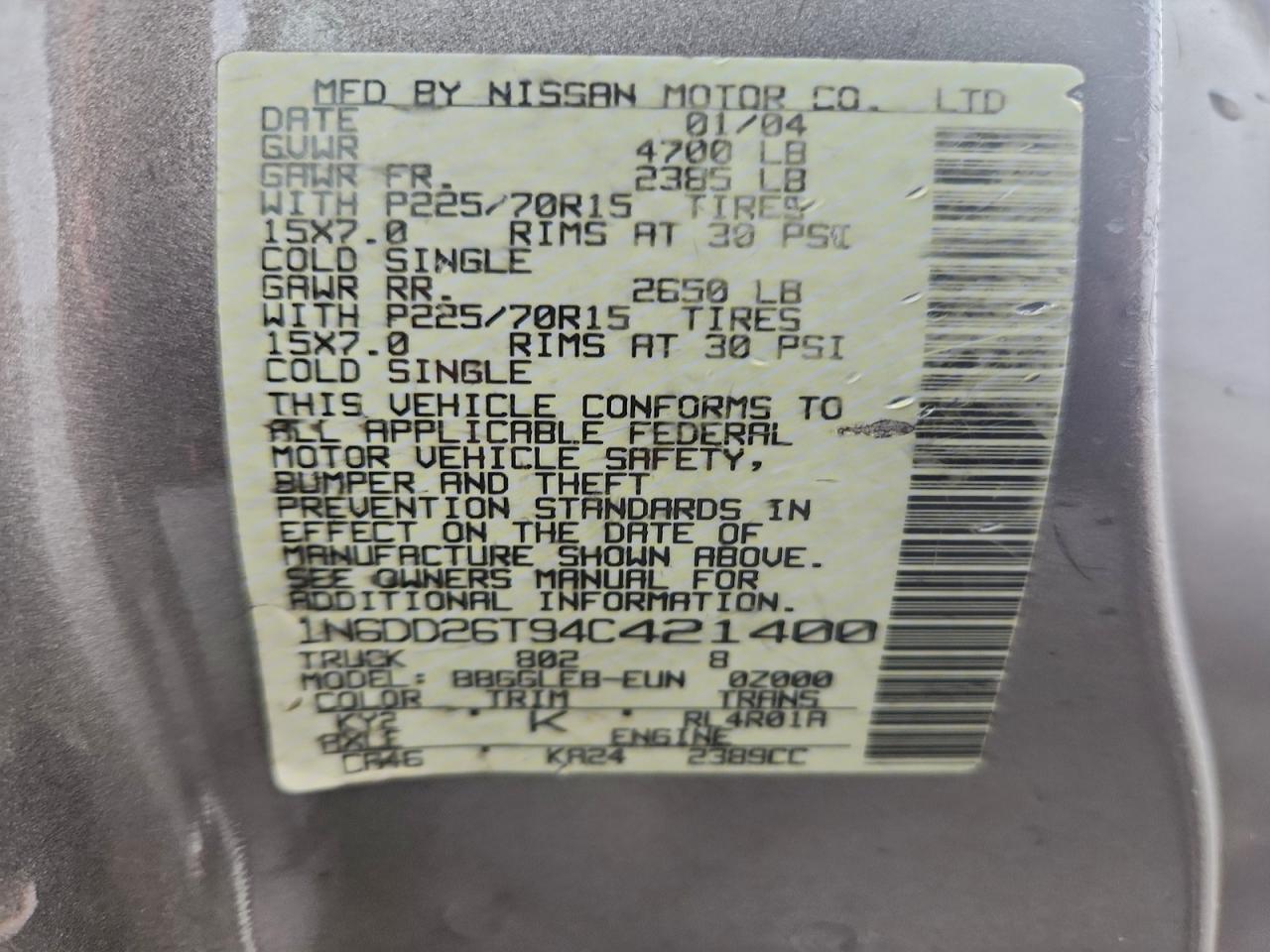 2004 Nissan Frontier King Cab Xe VIN: 1N6DD26T94C421400 Lot: 92884345