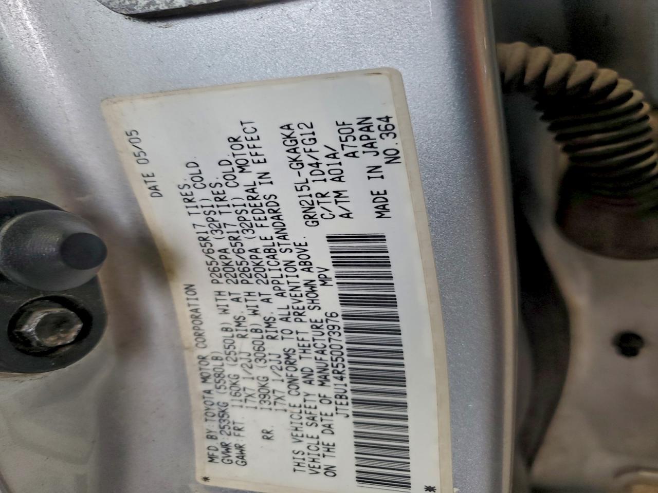 2005 Toyota 4Runner Sr5 VIN: JTEBU14R550073976 Lot: 94611655