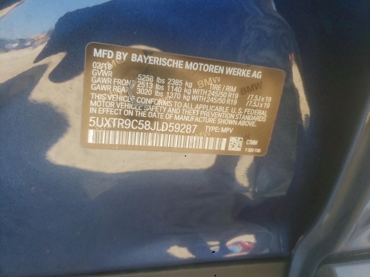 2018 BMW X3 xDrive30I VIN: 5UXTR9C58JLD59287 Lot: 93721875