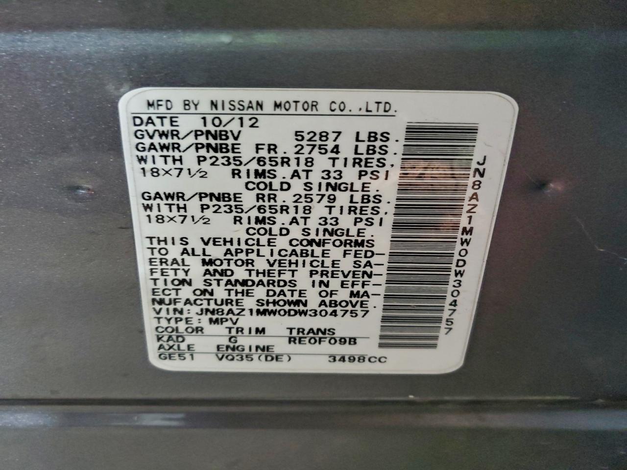 2013 Nissan Murano S VIN: JN8AZ1MW0DW304757 Lot: 94669665