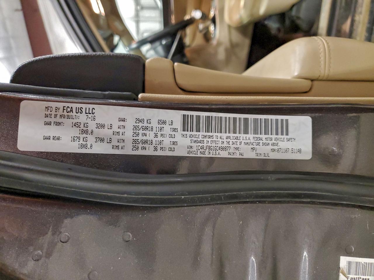 2016 Jeep Grand Cherokee Limited VIN: 1C4RJFBG1GC490877 Lot: 93842015