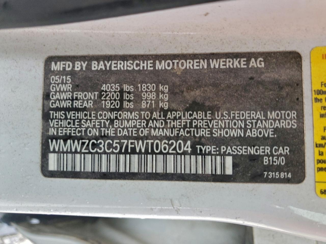 2015 Mini Cooper S Countryman VIN: WMWZC3C57FWT06204 Lot: 94069615