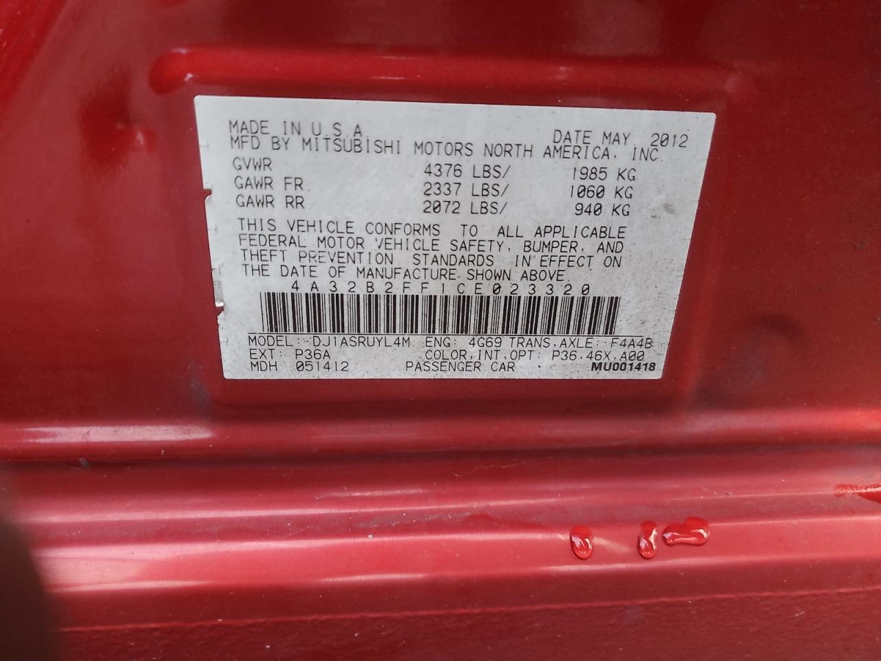 2012 Mitsubishi Galant Fe VIN: 4A32B2FF1CE023320 Lot: 91146475