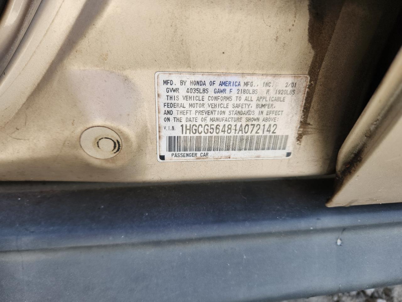 2001 Honda Accord Lx VIN: 1HGCG56481A072142 Lot: 91632385