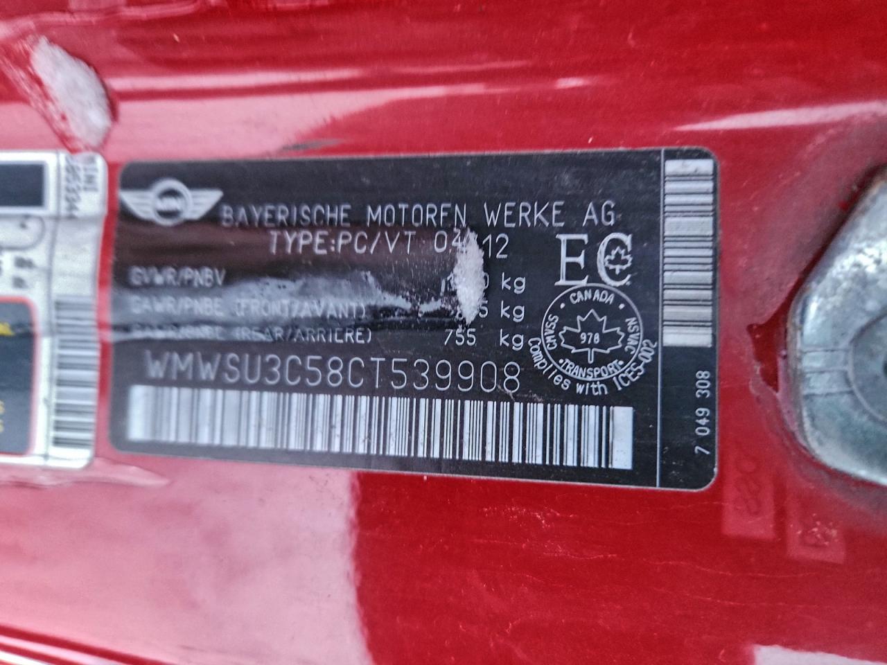 2012 Mini Cooper VIN: WMWSU3C58CT539908 Lot: 92755425