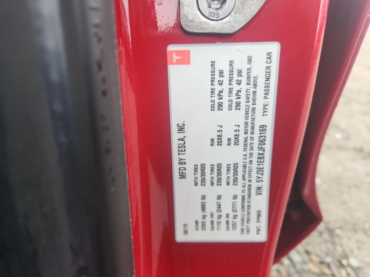 2018 Tesla Model 3 VIN: 5YJ3E1EBXJF063169 Lot: 93305405