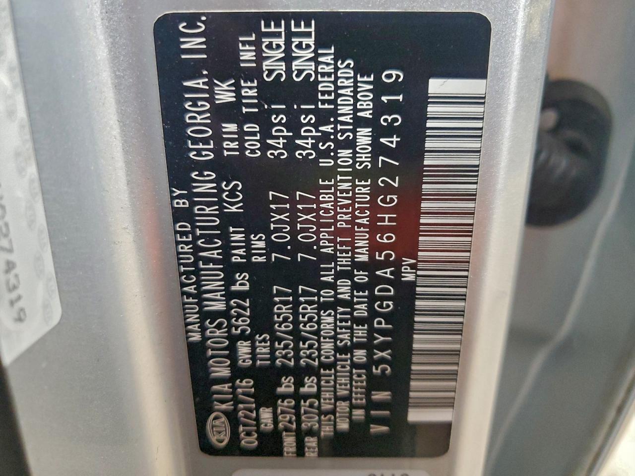 2017 Kia Sorento Lx VIN: 5XYPGDA56HG274319 Lot: 94232335