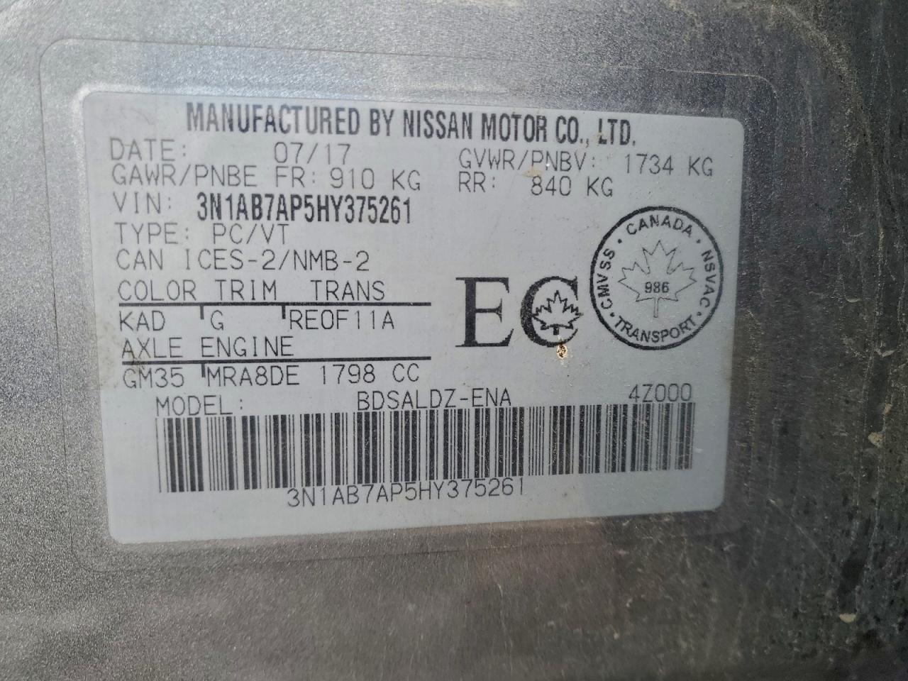 2017 Nissan Sentra S VIN: 3N1AB7AP5HY375261 Lot: 92888025