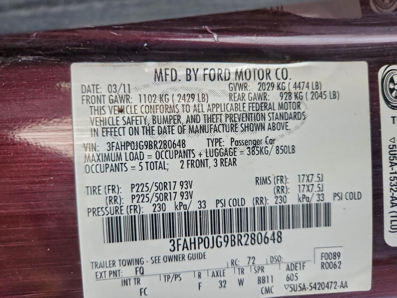 2011 Ford Fusion Sel VIN: 3FAHP0JG9BR280648 Lot: 94534035