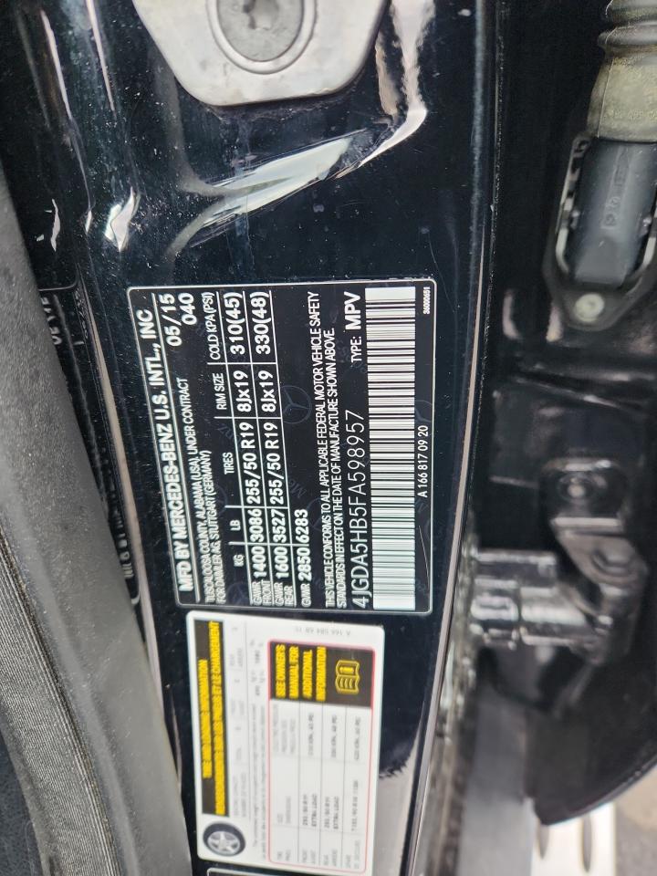 2015 Mercedes-Benz Ml 350 4Matic VIN: 4JGDA5HB5FA598957 Lot: 91891895