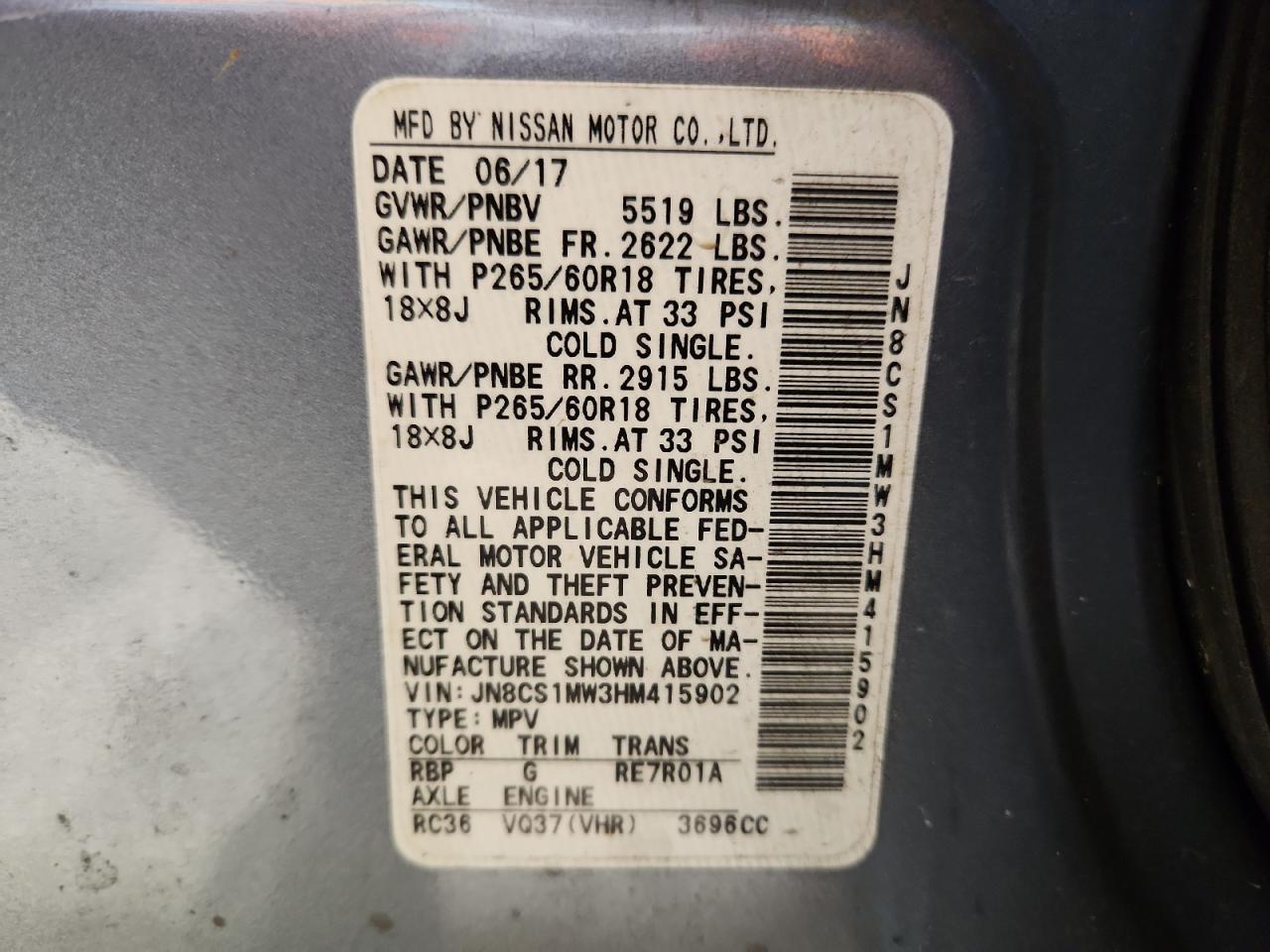 2017 Infiniti Qx70 VIN: JN8CS1MW3HM415902 Lot: 92815345