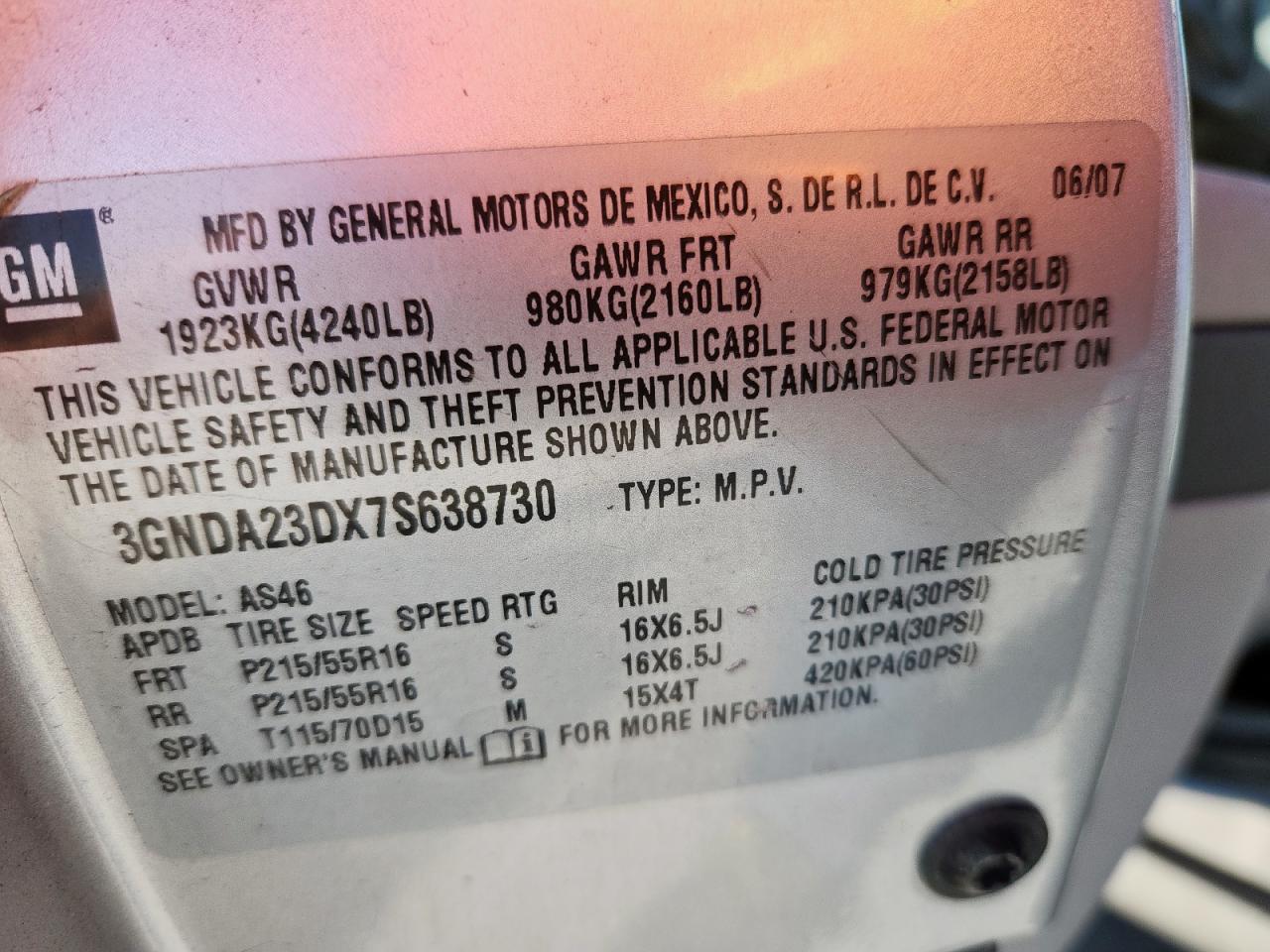 2007 Chevrolet Hhr Lt VIN: 3GNDA23DX7S638730 Lot: 92093365