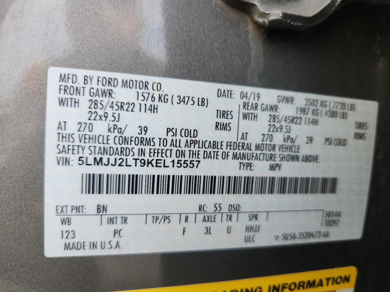 2019 Lincoln Navigator Reserve VIN: 5LMJJ2LT9KEL15557 Lot: 93868385