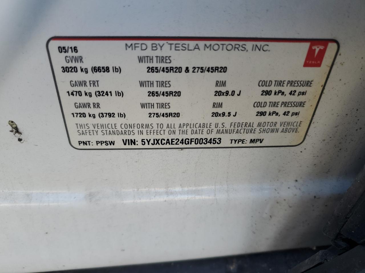 2016 Tesla Model X VIN: 5YJXCAE24GF003453 Lot: 90721805