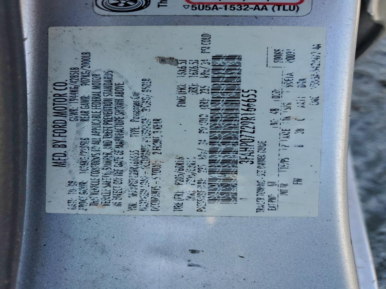 2009 Ford Fusion Se VIN: 3FAHP07Z29R166655 Lot: 94143995