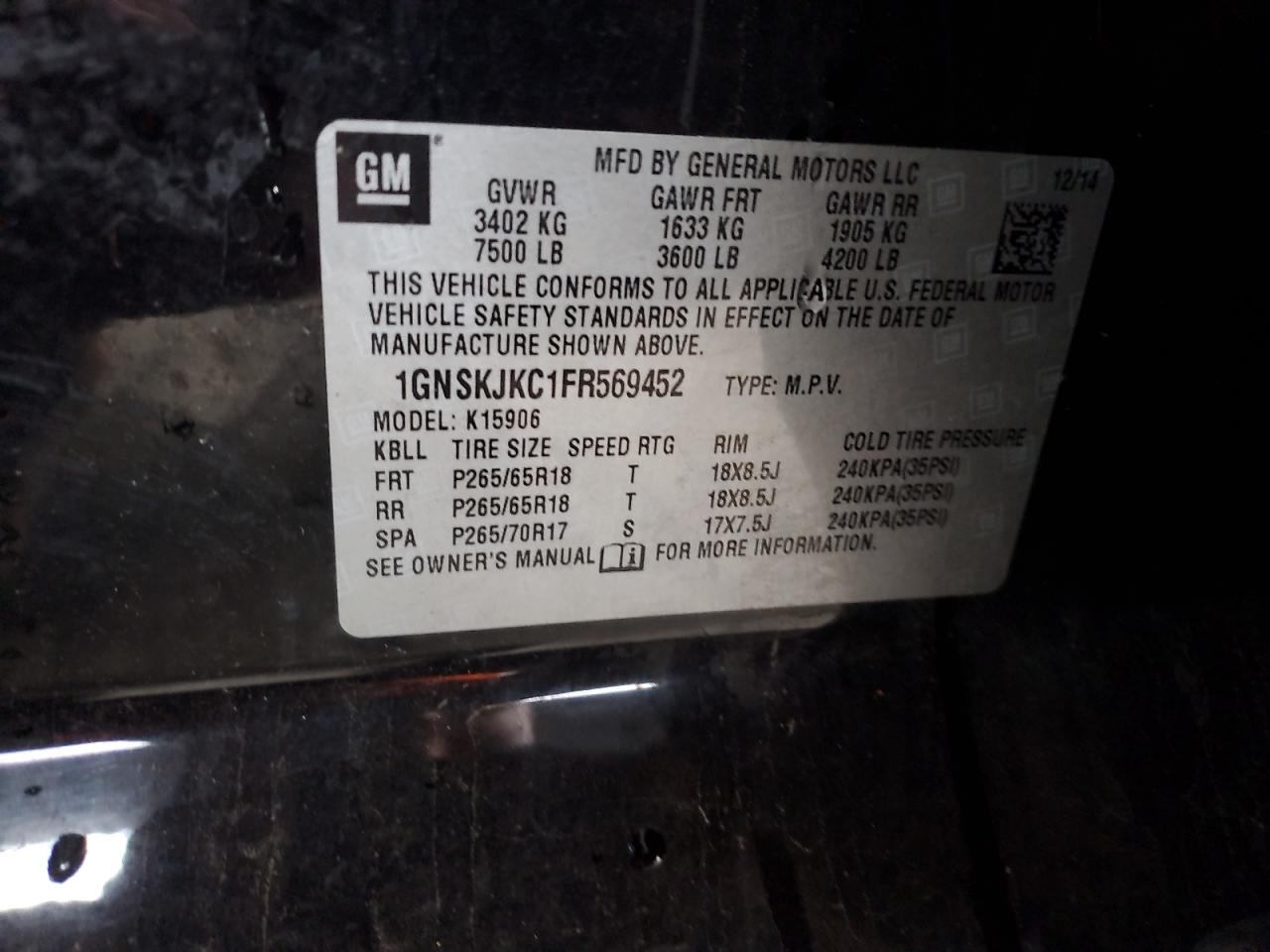 2015 Chevrolet Suburban K1500 Lt VIN: 1GNSKJKC1FR569452 Lot: 93668455