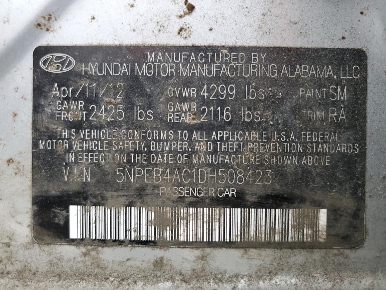 2013 Hyundai Sonata Gls VIN: 5NPEB4AC1DH508423 Lot: 90574825