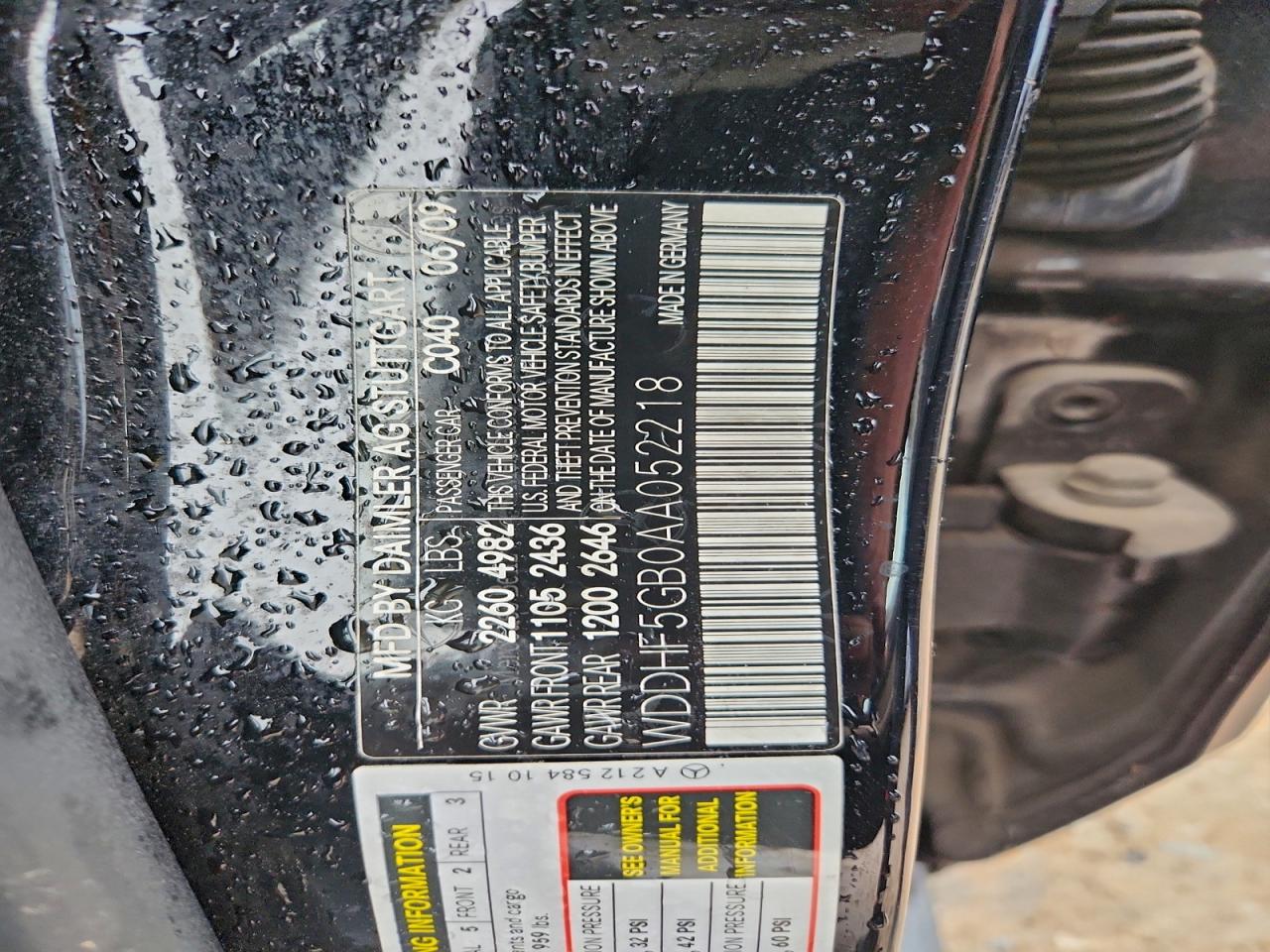 2010 Mercedes-Benz E 350 VIN: WDDHF5GB0AA052218 Lot: 94552695