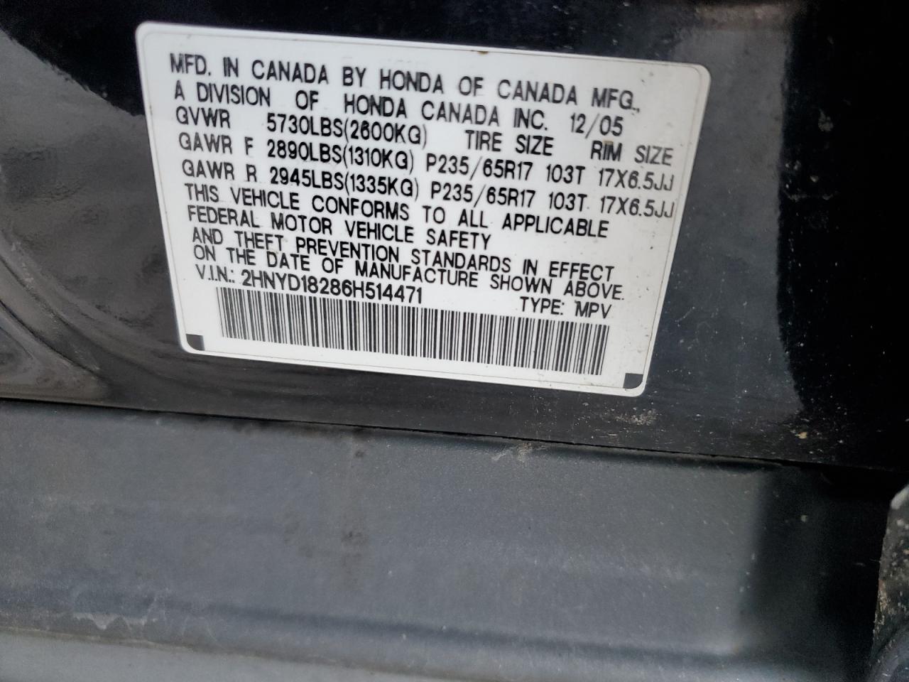 2006 Acura Mdx VIN: 2HNYD18286H514471 Lot: 91225505