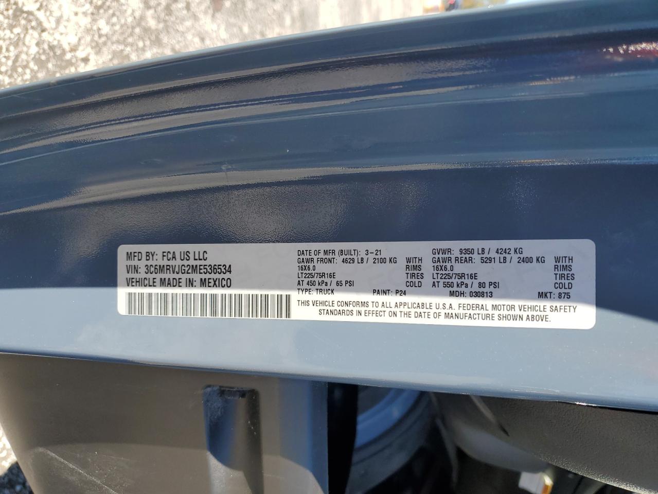 2021 Ram Promaster 3500 Delivery Van VIN: 3C6MRVJG2ME536534 Lot: 90249615