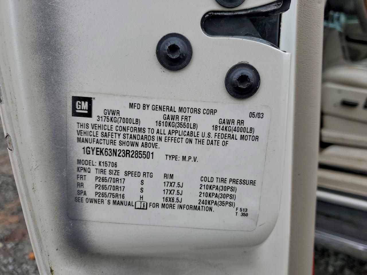 2003 Cadillac Escalade Luxury VIN: 1GYEK63N23R285501 Lot: 93771855