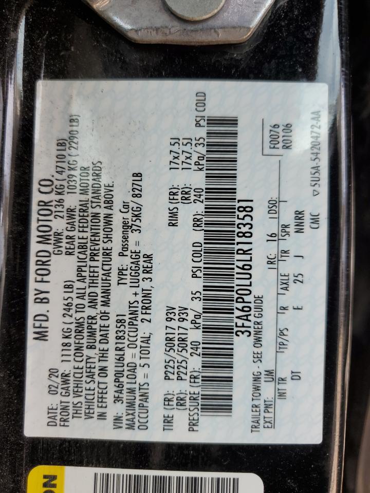 2020 Ford Fusion Se VIN: 3FA6P0LU6LR183581 Lot: 92089875