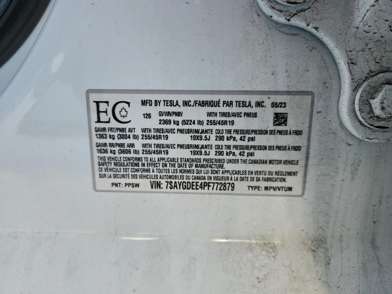 2023 Tesla Model Y VIN: 7SAYGDEE4PF772879 Lot: 92074025