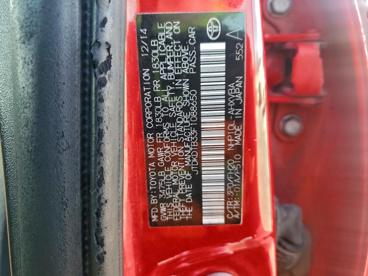 2015 Toyota Prius C VIN: JTDKDTB33F1088650 Lot: 93114825