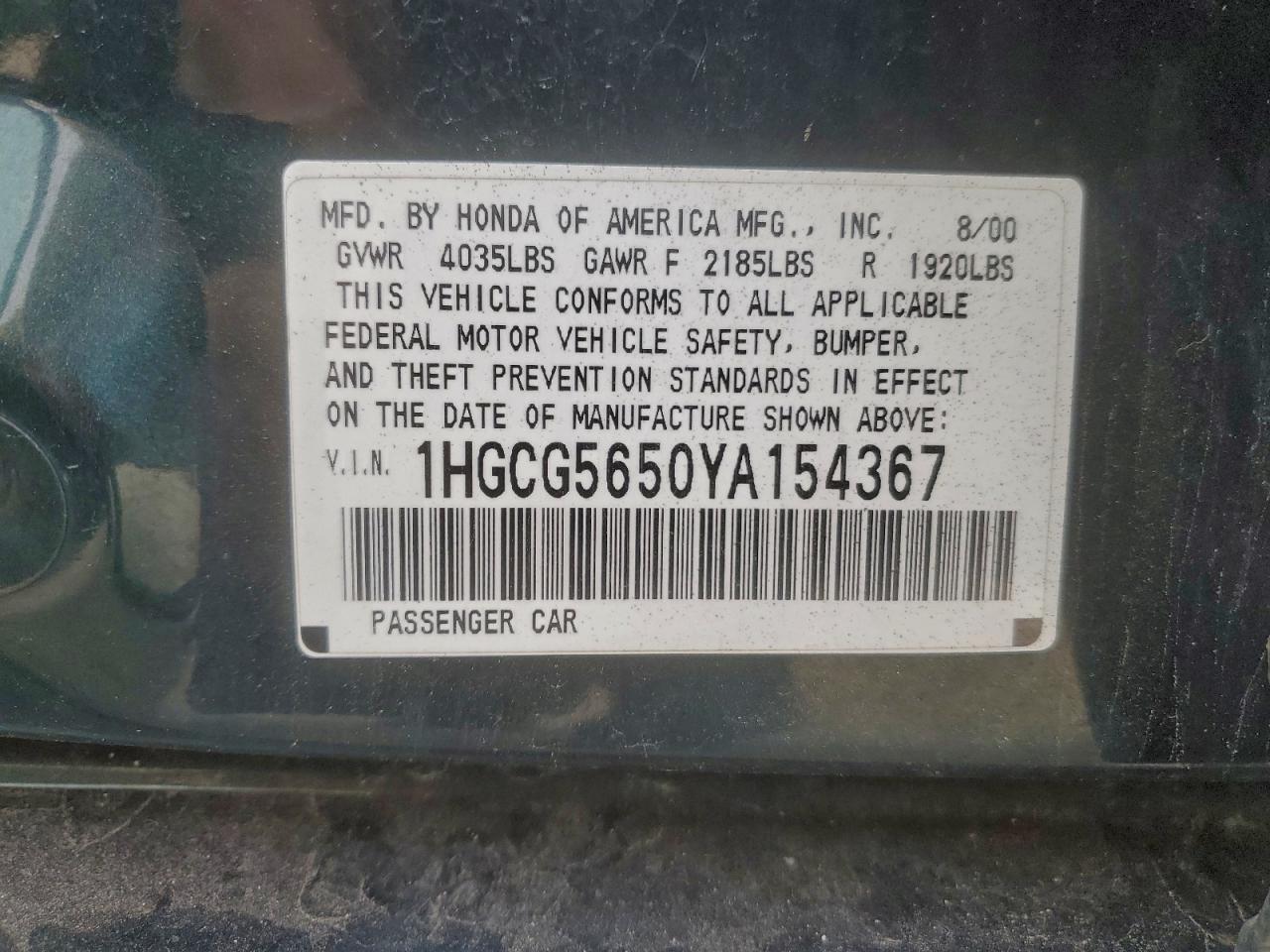 2000 Honda Accord Ex VIN: 1HGCG5650YA154367 Lot: 94608855