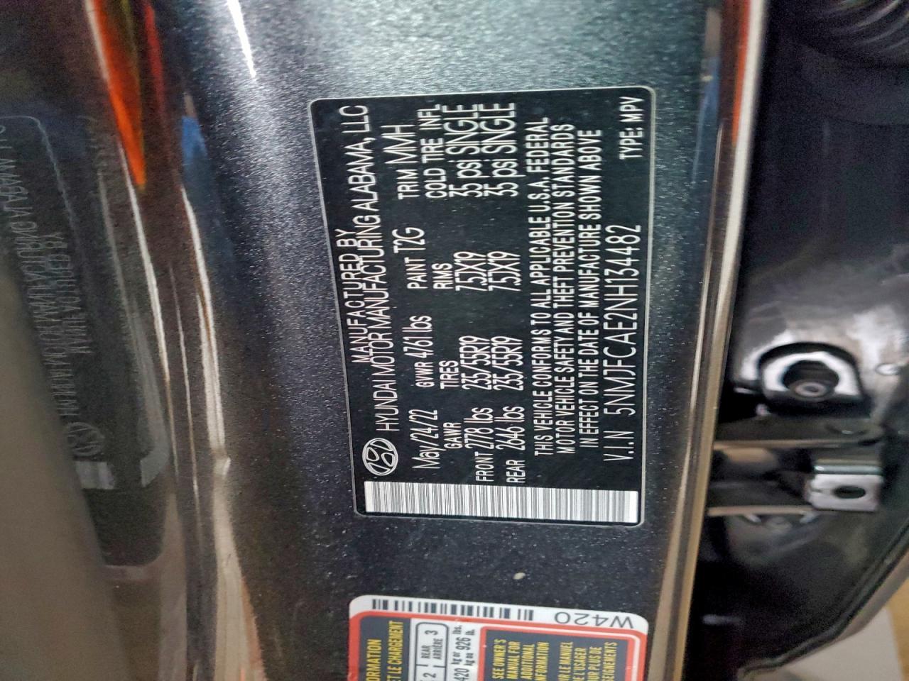 2022 Hyundai Tucson Sel VIN: 5NMJFCAE2NH134482 Lot: 93479715