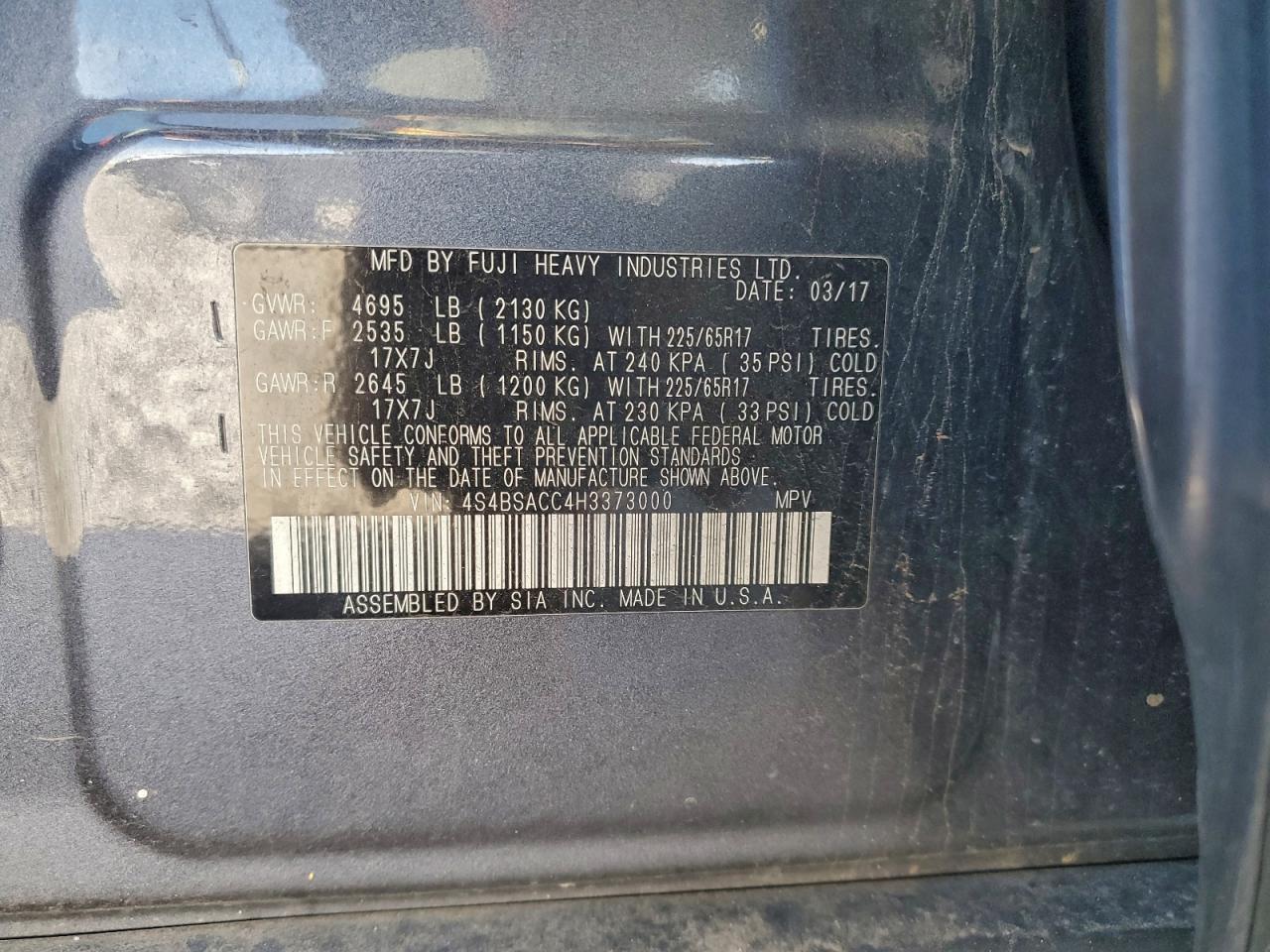 2017 Subaru Outback 2.5I Premium VIN: 4S4BSACC4H3373000 Lot: 94153915