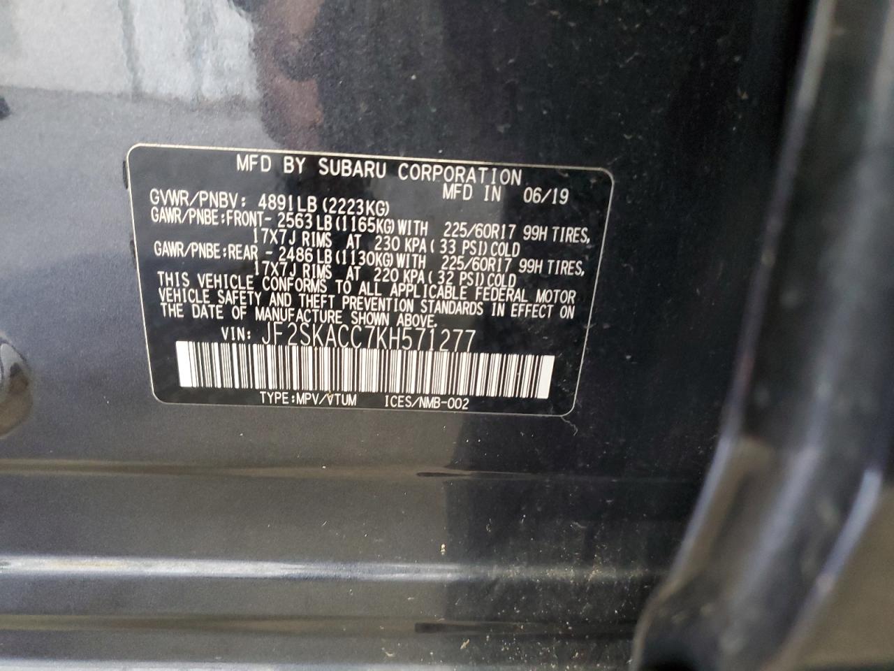 2019 Subaru Forester VIN: JF2SKACC7KH571277 Lot: 91756835