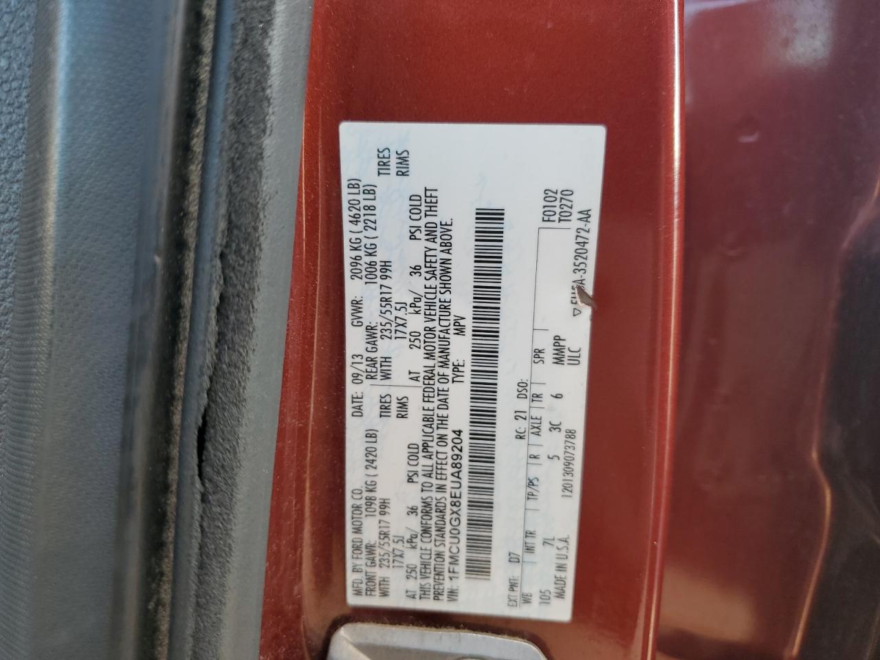 2014 Ford Escape Se VIN: 1FMCU0GX8EUA89204 Lot: 93382065