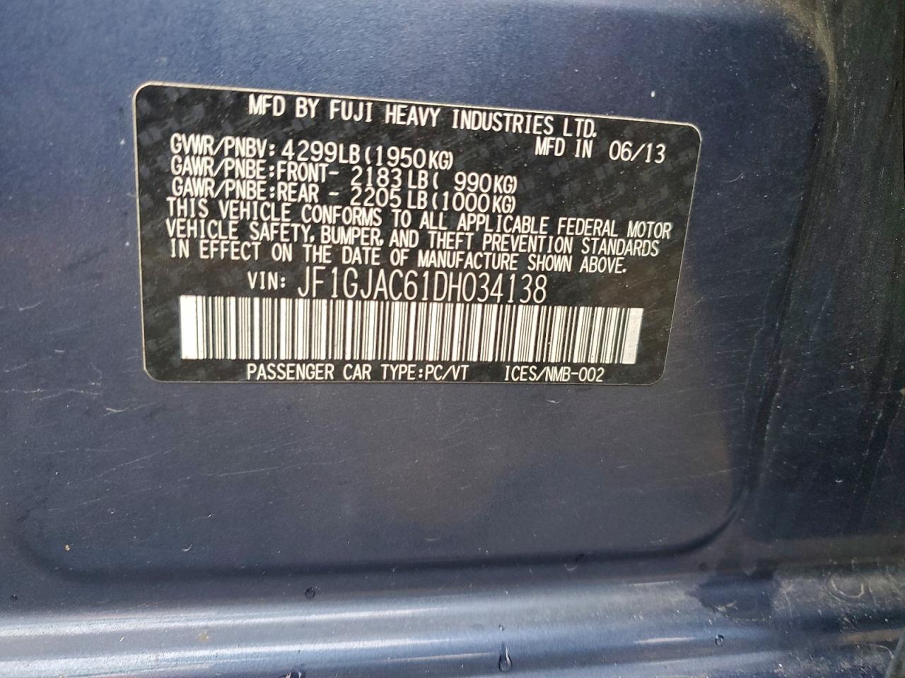 2013 Subaru Impreza Premium VIN: JF1GJAC61DH034138 Lot: 94496255