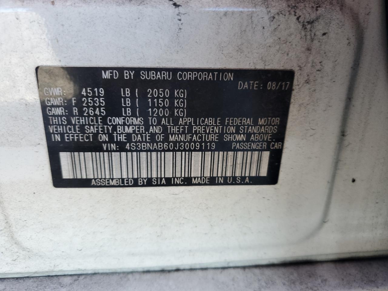 2018 Subaru Legacy 2.5I VIN: 4S3BNAB60J3009119 Lot: 92343125