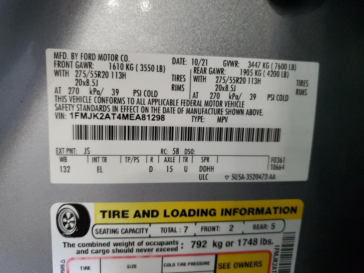 2021 Ford Expedition Max Limited VIN: 1FMJK2AT4MEA81298 Lot: 92389275