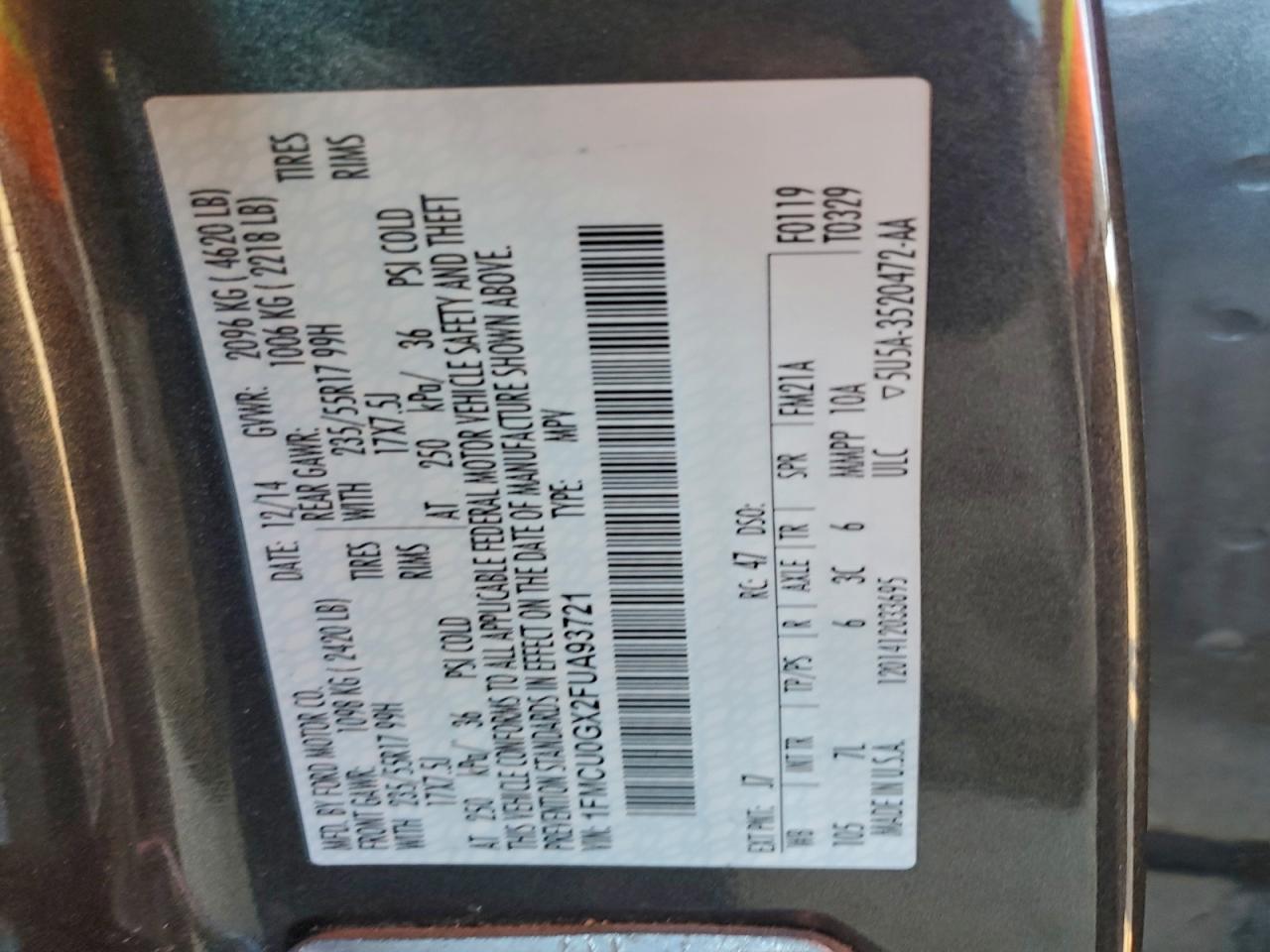 2015 Ford Escape Se VIN: 1FMCU0GX2FUA93721 Lot: 94159025