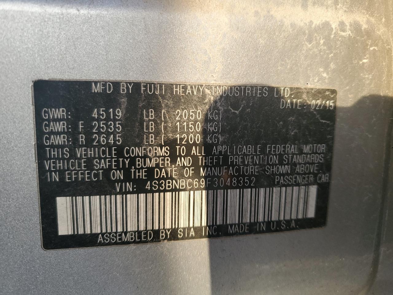 2015 Subaru Legacy 2.5I Premium VIN: 4S3BNBC69F3048352 Lot: 92644825