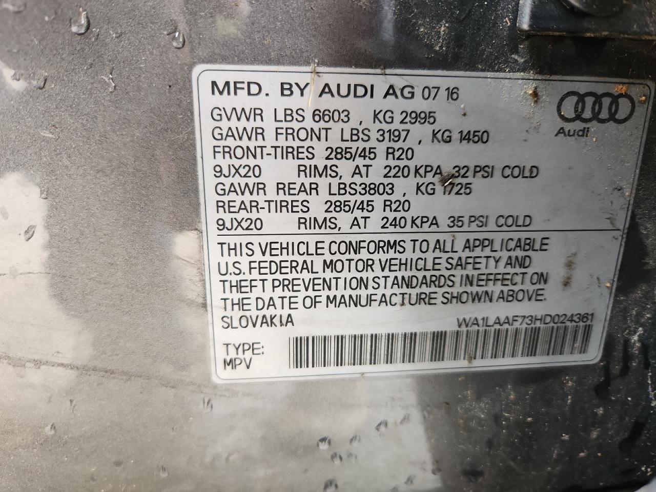 2017 Audi Q7 Premium Plus VIN: WA1LAAF73HD024361 Lot: 93877305